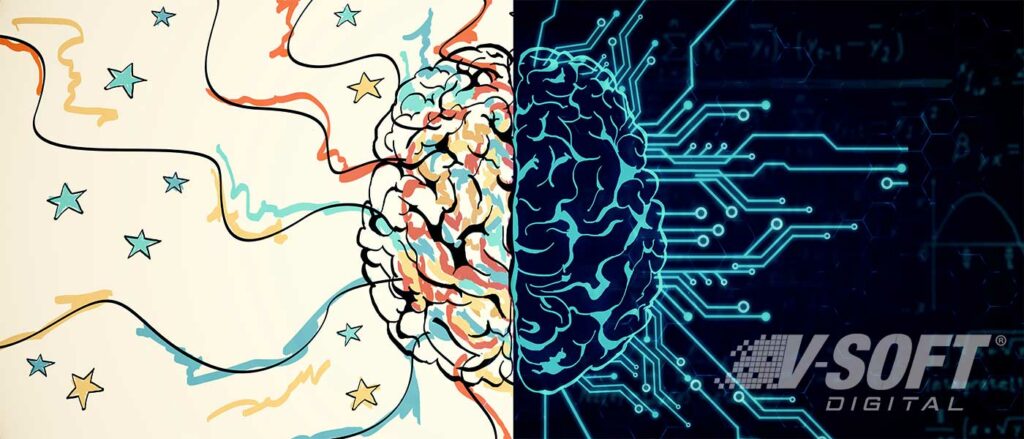 Illustration of creative left brain and technical right brain.