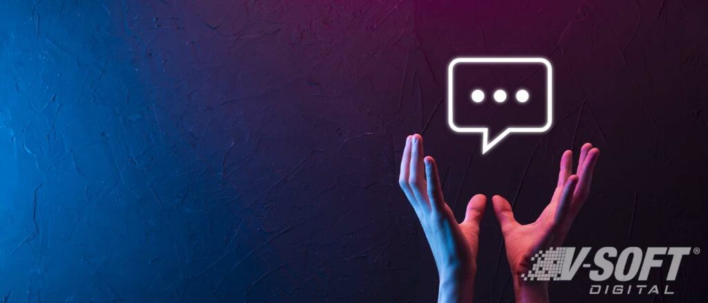Hands reaching toward chat bubble. Chatbots for business.