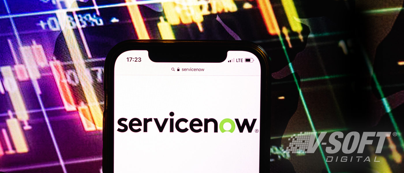 The ServiceNow logo in a cell phone in front of a screen displaying numbers.
